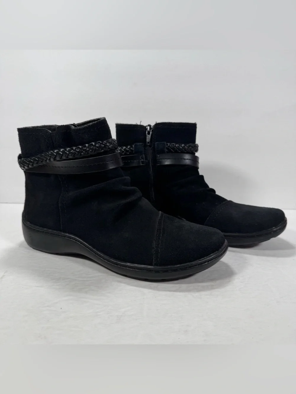 Clarks Collection Black Suede Leather Cora Braid Ankle Boots Women Size 6.5M